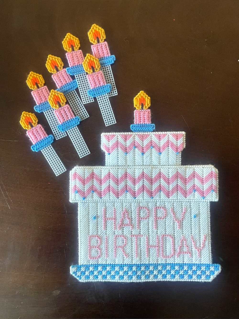Happy Birthday Plastic Canvas Needlework w 8 Removable Candles Completed 11x13